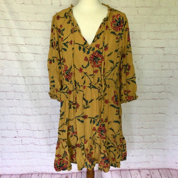 Knox Rose Golden Yellow Floral Boho Midi Dress with Pockets - Size Medium - Picture 1 of 9